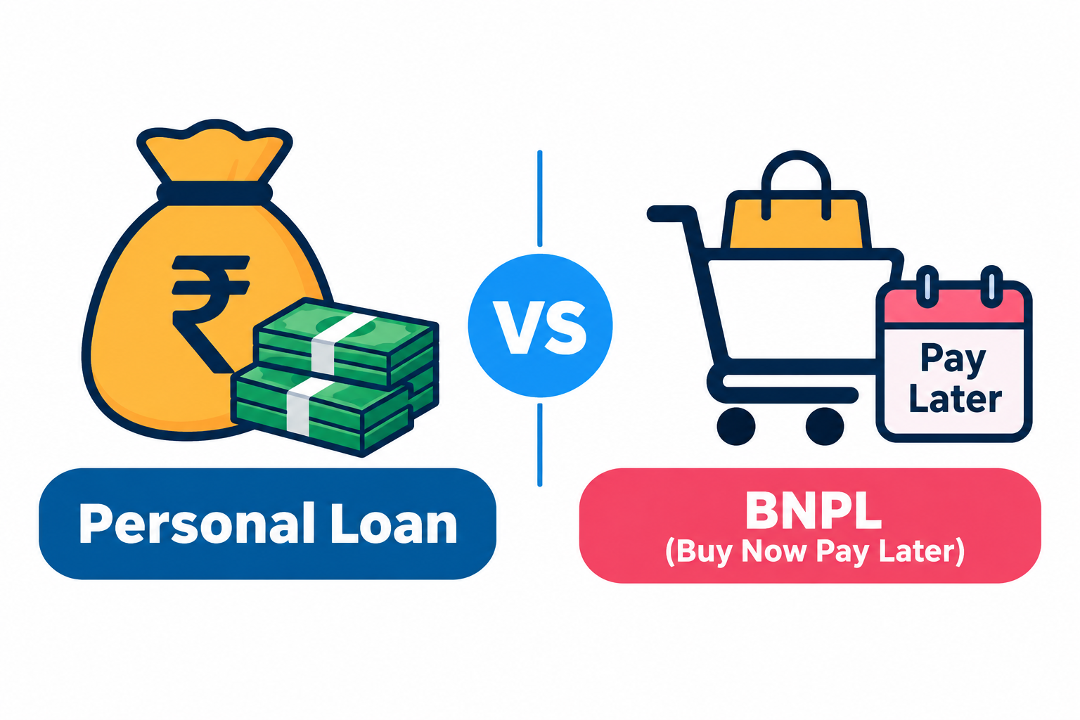 Personal Loan vs BNPL (Buy Now Pay Later) comparison showing a personal loan money bag and BNPL shopping cart with pay-later option.